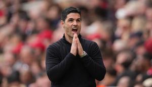 Ekspresi Manajer Arsenal Mikel Arteta di pertandingan melawan Bournemouth di pekan ke-32 Liga Inggris 2025/2026 di Emirates Stadium, Sabtu (11/04/2026) malam WIB. (AP Photo/Dave Shopland)