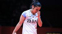 Tunggal putri Indonesia, Gregoria Mariska Tunjung, bertanding melawan pemain Korea Selatan, An Se-young, pada fase grup BWF World Tour Finals di Hangzhou, China, Kamis (14/12/2023). (Bola.com/PBSI)