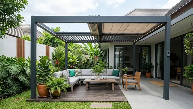 Inspirasi Teras Belakang dengan Atap Pergola dan Penutup Hujan yang Dapat Dibuka