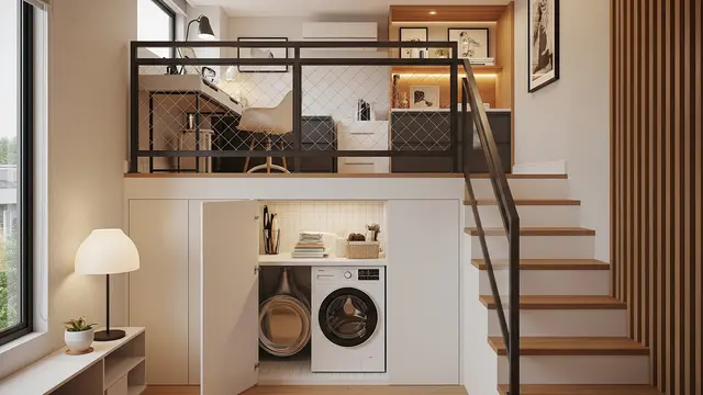 Inspirasi Rumah Kecil Mezzanine dengan Area Laundry Tersembunyi di Bawah Tangga/ Ilustrasi gambar AI