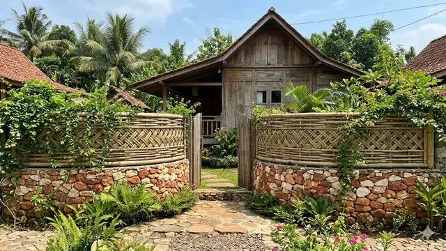 Model Pagar Rumah Rustic dari Bambu dan Batu Alam