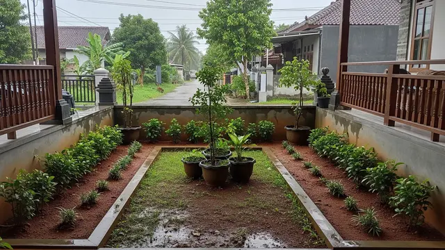 Teras dengan Tanaman Daun Kecil Rimbun, Sejuk di Musim Hujan dan Teduh saat Kemarau Model Kombinasi Tanah dan Pot