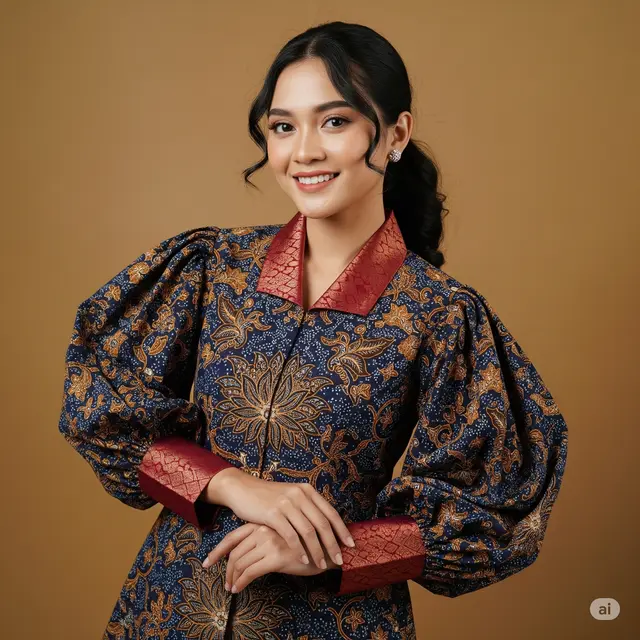 Tunik Batik Kombi Brokat Lengan Balon Motif Modern
