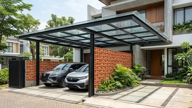 Desain Carport dengan Roster dan Kanopi Baja Ringan (AI Generated)