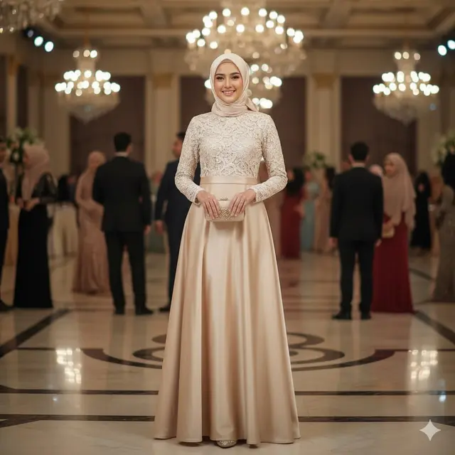 Gamis Satin High-Waist dengan Bagian Atas Lace