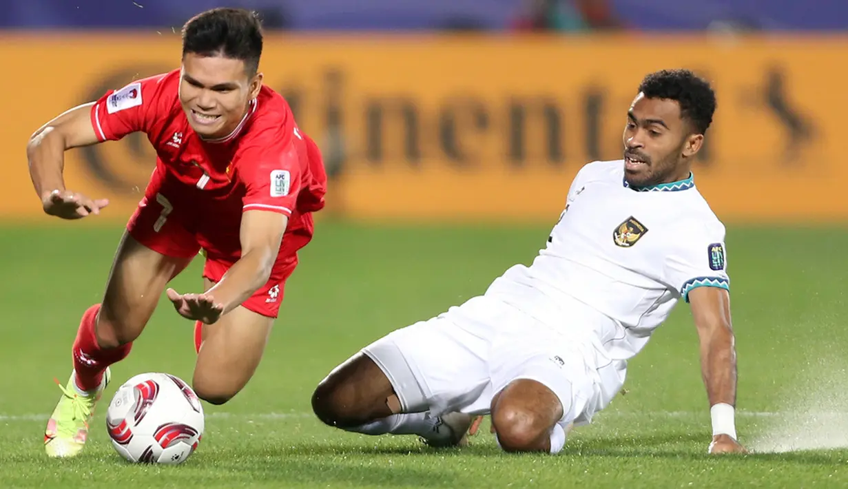 Ini menjadi gol pertama bagi Timnas Indonesia di era Shin Tae Yong. Selain itu, ini jadi 3 poin penting untuk jaga peluang sebelum lawan Jepang di laga terakhir pada 24 Januari 2024. (AP Photo/Hussein Sayed)