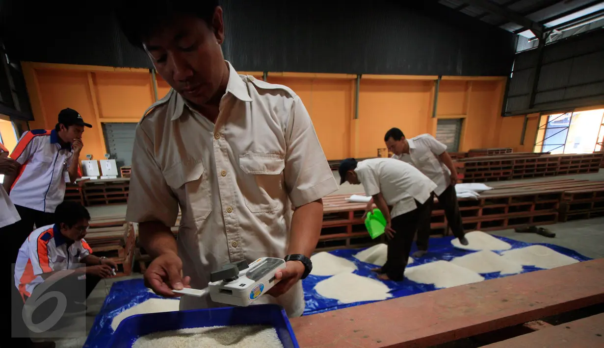 Petugas mengecek kadar kuwalitas beras sebelum di distribusikan di Gudang Bulog DIY, Kalasan,Sleman, (27/1). Stok tersebut cukup untuk distribusi hingga lima bulan ke depan. (Boy Harjanto)