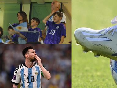 Lionel Messi merupakan salah satu pesepak bola yang dikenal sebagai seseorang yang family man. Salah satu buktinya terletak pada sepatunya yang digunakan untuk perhelatan akbar Piala Dunia 2022. (Foto Kolase: AP dan AFP)