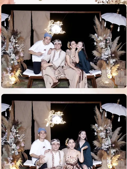 Nuansa warna bumi seperti putih dan shades cokelat jadi pilihan keduanya. Setelah memakai pakaian adat Bali saat upacara pernikahan adat di siang harinya. [Foto: @rantymaria]
