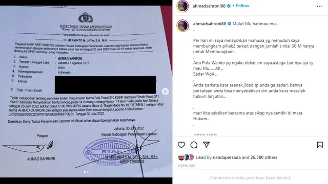 Ahmad Sahroni kembali polisikan Adam Deni