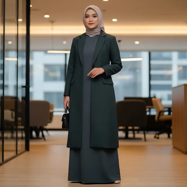 9 Model Gamis Kombinasi Blazer Formal untuk Acara Kantor, Pilihan Stylish Muslimah
