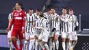 Pemain Juventus Alvaro Morata merayakan setelah mencetak gol ke gawang SPAL pada pertandingan perempat final Coppa Italia di Allianz Stadium, Turin, Italia, Rabu (27/1/2021). Juventus meraih tiket semifinal Coppa Italia usai membantai SPAL 4-0. (Fabio Ferrari/LaPresse via AP)