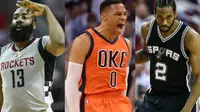 James Harden (kiri), Russell Westbrook (tengah), dan Kawhi Leonard jadi finalis MVP NBA musim 2016-2017. (Twittter/The Score) 