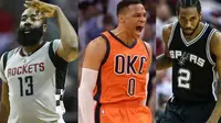 James Harden (kiri), Russell Westbrook (tengah), dan Kawhi Leonard jadi finalis MVP NBA musim 2016-2017. (Twittter/The Score) 