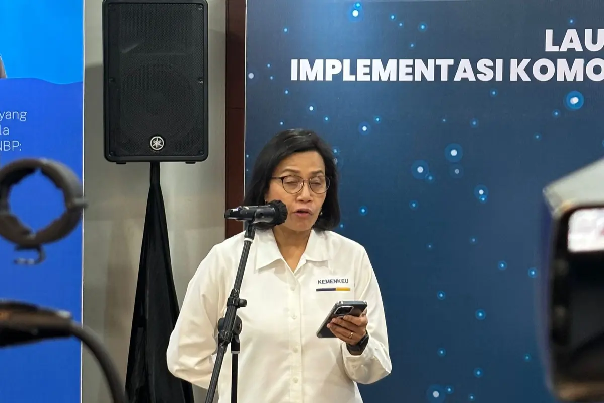 Menteri Keuangan (Menkeu) Sri Mulyani Indrawati dalam  perluasan implementasi Sistem Informasi Mineral dan Batubara Kementerian/Lembaga atau Simbara. (Tira/Liputan6.com)