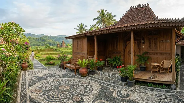 Perpaduan Lantai Teras Batu Alam dengan Rumah Sederhana Desa Gemini AI