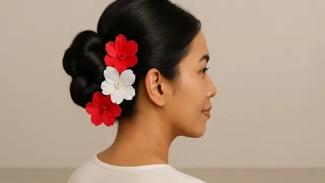 Model Rambut Sanggul Sederhana dengan Aksen Bunga untuk Rayakan 17 Agustus 2025 Kemerdekaan HUT RI ke-80/Ilustrasi AI