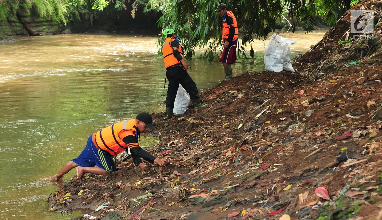 Sejumlah petugas PPSU atau pasukan oranye memunguti rumput liar dan sampah mengendap di tepi kali Ciliwung, Lenteng Agung , Jakarta, Sabtu (28/10). Hal tersebut dilakukan demi menjaga kebersihan kali Ciliwung. (Liputan6.com/Helmi Afandi)
