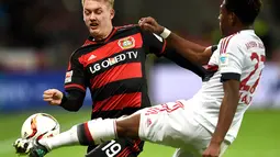 Pemain Bayern Munchen, David Alaba, berusaha menghentikan pergerakan pemain Leverkusen, Julian Brandt. Sementara bagi Leverkusen hasil ini menahan mereka di peringkat lima klasemen sementara. (AFP/Patrik Stollarz)