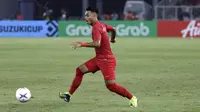 Bek Timnas Indonesia, Alfath Faathier, menggiring bola saat melawan Timor Leste pada laga Piala AFF 2018 di SUGBK, Jakarta, Selasa (13/11). Indonesia menang 3-1 atas Timor Leste. (Bola.com/Yoppy Renato)