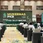 Ketua Umum Partai Kebangkitan Bangsa (PKB) Muhaimin Iskandar alias Cak Imin dalam acara Musyawarah Kerja Nasional (Mukernas) di Jakarta Convention Center (JCC), Senayan, Selasa (23/7/2024). (Liputan6.com/Winda Nelfira)