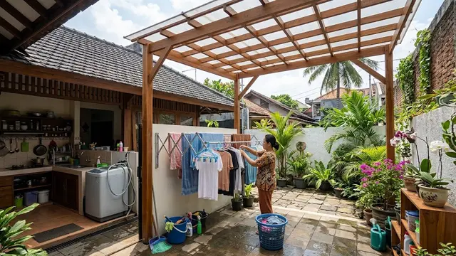 Desain Ruang Jemur di Belakang Rumah dengan Atap Kisi-Kisi