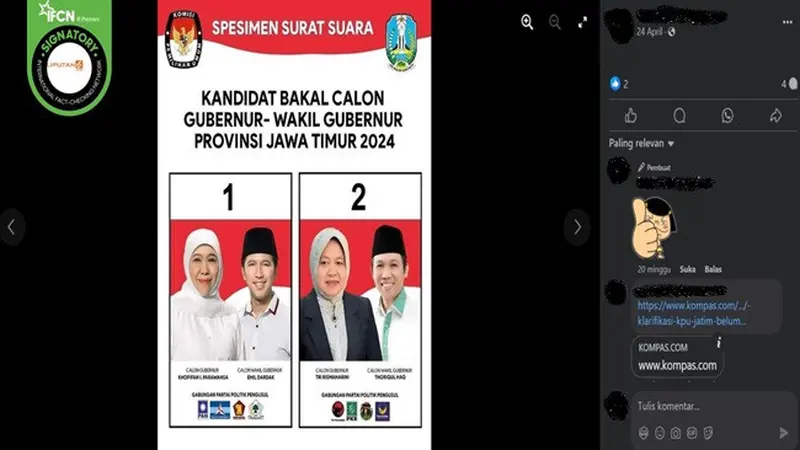 Gambar tangkapan layar spesimen surat suara Pilkada Jatim 2024 menampilkan dua pasangan calon gubernur dan wakil gubernur. (sumber: Facebook)