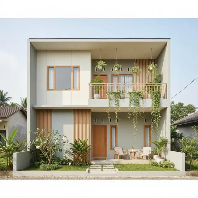 Model Rumah 6x12 Atap Datar dengan Balkon Atas