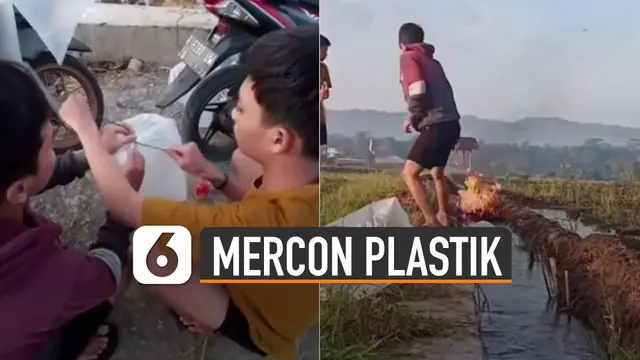 Sebuah video memperlihatkan sekumpulan pemuda sedang meledakkan petasan yang terbuat dari kantong plastik.