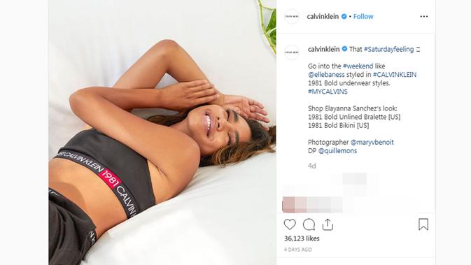 Model Elyanna Banes Sanchez pamer bulu ketiak saat tampil di iklan Calvin Klein. (Screenshot Instagram @calvinklein/https://www.instagram.com/p/B2aGIdZjkaN/Putu Elmira)