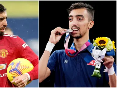 Kabar menghebohkan datang dari Olimpiade Tokyo 2020. Atlet asal Tunisia bernama Mohamed Khalil Jendoubi mencuri perhatian lantaran memiliki wajah mirip dengan bintang Manchester United, Bruno Fernandes. (Foto Kolase AP)