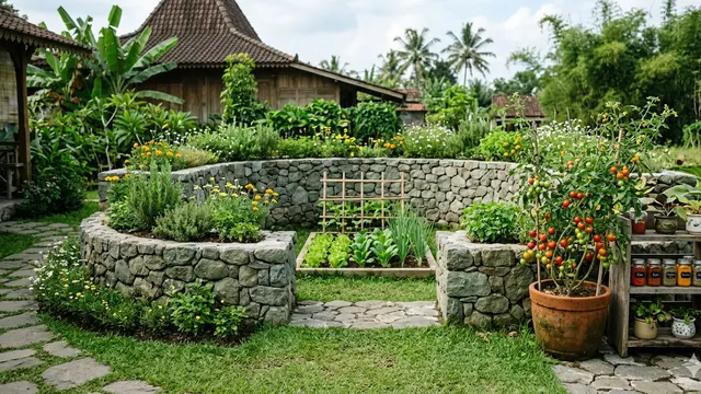 Desain Edible Garden Gaya Rustic di Halaman Belakang Rumah Desa.