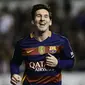 Ekspresi pemain Barcelona, Lionel Messi, setelah mencetak gol ke gawang Rayo Vallecano pada laga La Liga Spanyol di Estadio del Rayo Vallecano, Madrid, Jumat (4/3/2016) dini hari WIB. (AFP/Pierre-Philippe Marcou)