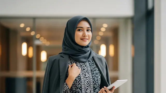 Model Gamis Batik Kombinasi Blazer Polos Formal untuk Acara Resmi