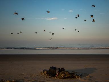 Seorang pria tunawisma tidur pada pagi hari di sebuah pantai di Venesia, California, Amerika Serikat, 12 Agustus 2021. (Apu GOMES/AFP)
