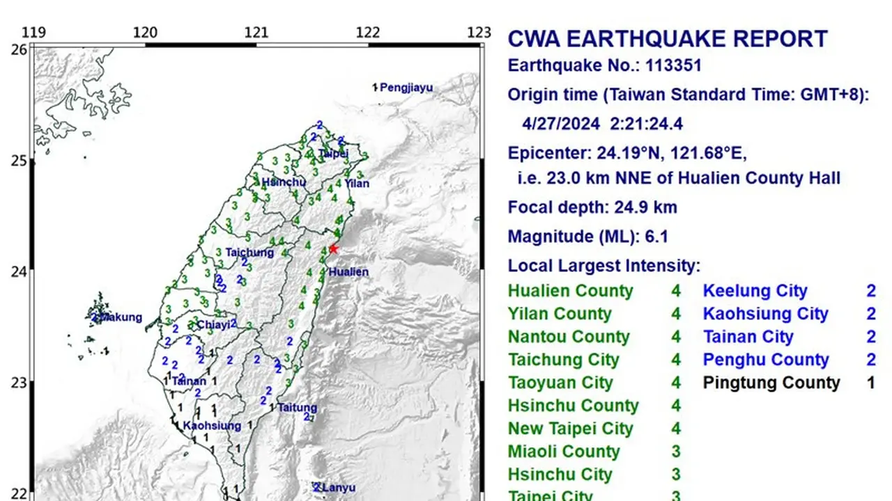 Gempa bumi Taiwan pada Sabtu 27 April 2024. (Central Weather Administration/CWA)