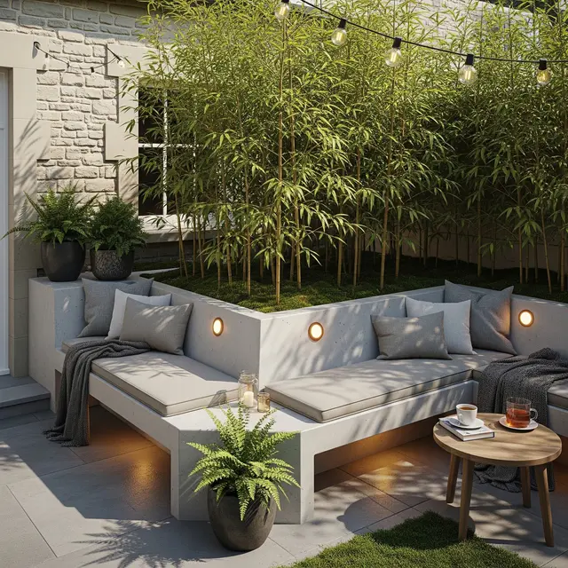 Teras Rumah dengan Bambu Jepang dan Bangku Cor (AI Generated)