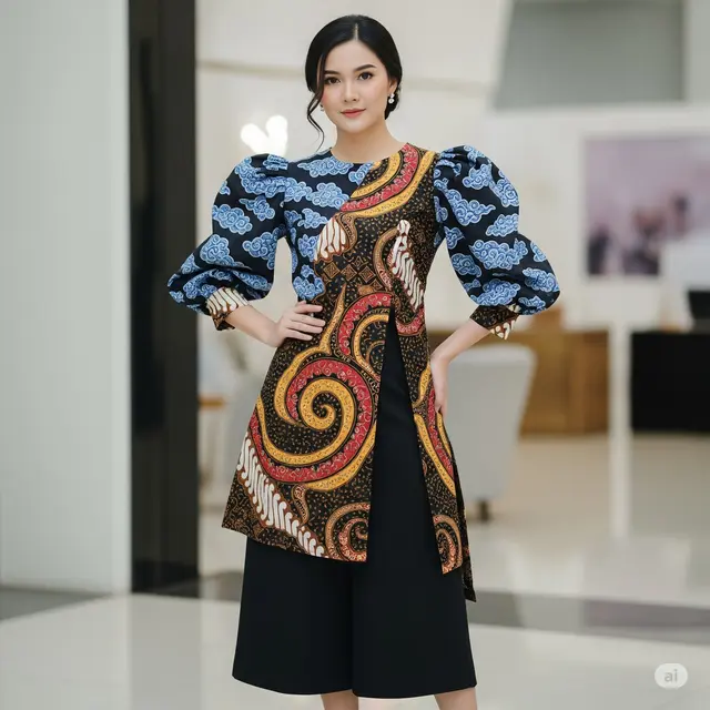 Tunik Batik Etnik dengan Lengan Puff