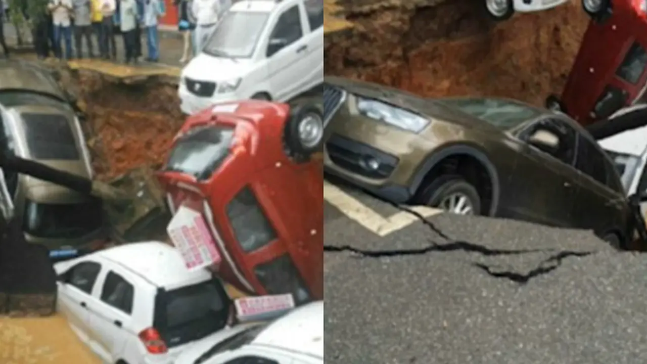 Detik-detik sinkhole seluas 30 meter di China 'telan' 4 mobil 