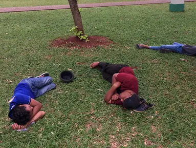 Sejumlah pengunjung bersantai sambil tiduran di sekitar Taman Monas, Jakarta, Rabu (17/1). Dibukanya pagar pembatas Taman Monas membuat warga bisa masuk ke area taman yang mengelilingi lokasi wisata di Ibu Kota tersebut. (Liputan6.com/Immanuel Antonius)