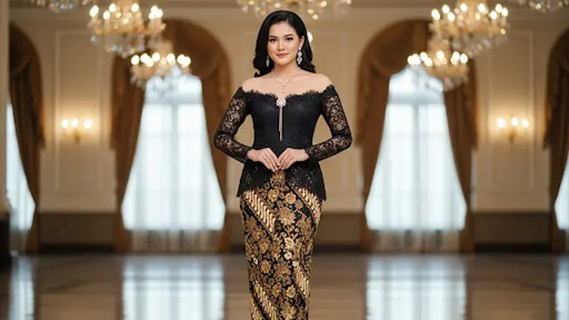 Dress Batik Brokat Hitam Emas Off-Shoulder
