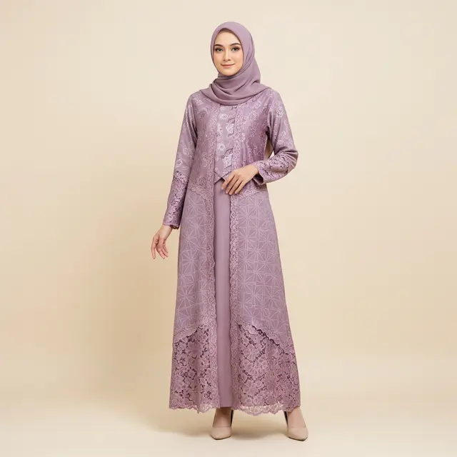 Model Gamis Batik Brokat Dusty Lilac