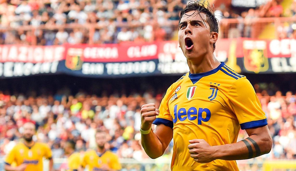 Ekspresi Paulo Dybala  usai membobol gawang Genoa pada lanjutan Serie A di Luigi Ferraris Stadium, Genoa (26/8/2017).  Juventus menang 4-2. (Simone Arveda/ANSA via AP)