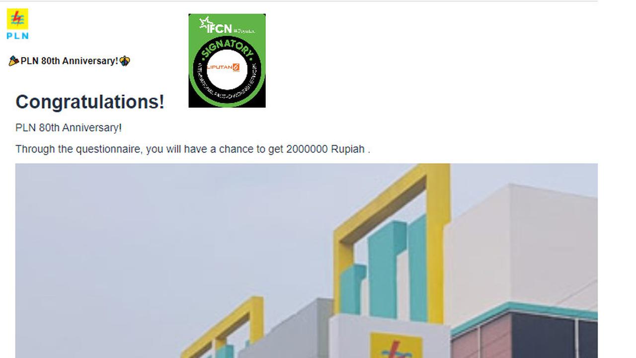 Cek Fakta Liputan6.com menelusuri informasi PLN membagikan uang Rp 2 miliar untuk merayakan ulang tahun ke-80