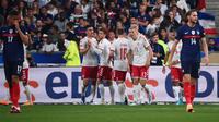 Timnas Prancis menyerah 1-2 dari Denmark pada laga perdana&nbsp;Grup 1 UEFA Nations League A musim ini di Stade de France, Sabtu (4/6/2022) dini hari WIB. (AFP/Franck Fife)