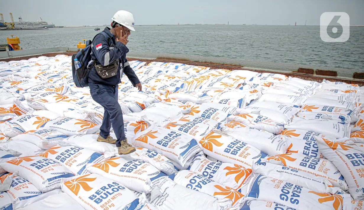Pekerja berjalan melewati tumpukan karung beras saat melakukan aktivitas bongkar muat beras impor di Pelabuhan Tanjung Priok, Jakarta, Jumat (16/12/2022). Perum Bulog mendatangkan 5.000 ton beras impor asal Vietnam guna menambah cadangan beras pemerintah (CBP) yang akan digunakan untuk operasi pasar. (Liputan6.com/Faizal Fanani)