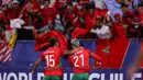 Kemenangan ini disambut gegap gempita oleh pendukung Timnas Maroko yang menyaksikan langsung laga di Estadio Nacional Julio Martinez Pradanos, Santiago, pada Minggu 19 Oktober 2025 waktu setempat atau Senin 20 Oktober 2025 pagi WIB. (Javier TORRES/AFP)