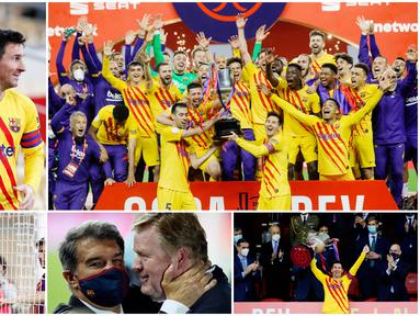 Para pemain Barcelona tak kuasa untuk menutupi kebahagiaan setelah berhasil meraih trofi perdana di era Ronald Koeman. Lionel Messi dkk menjuarai Copa del Rey usai menaklukkan Athletic Bilbao dengan skor telak empat gol tanpa balas.