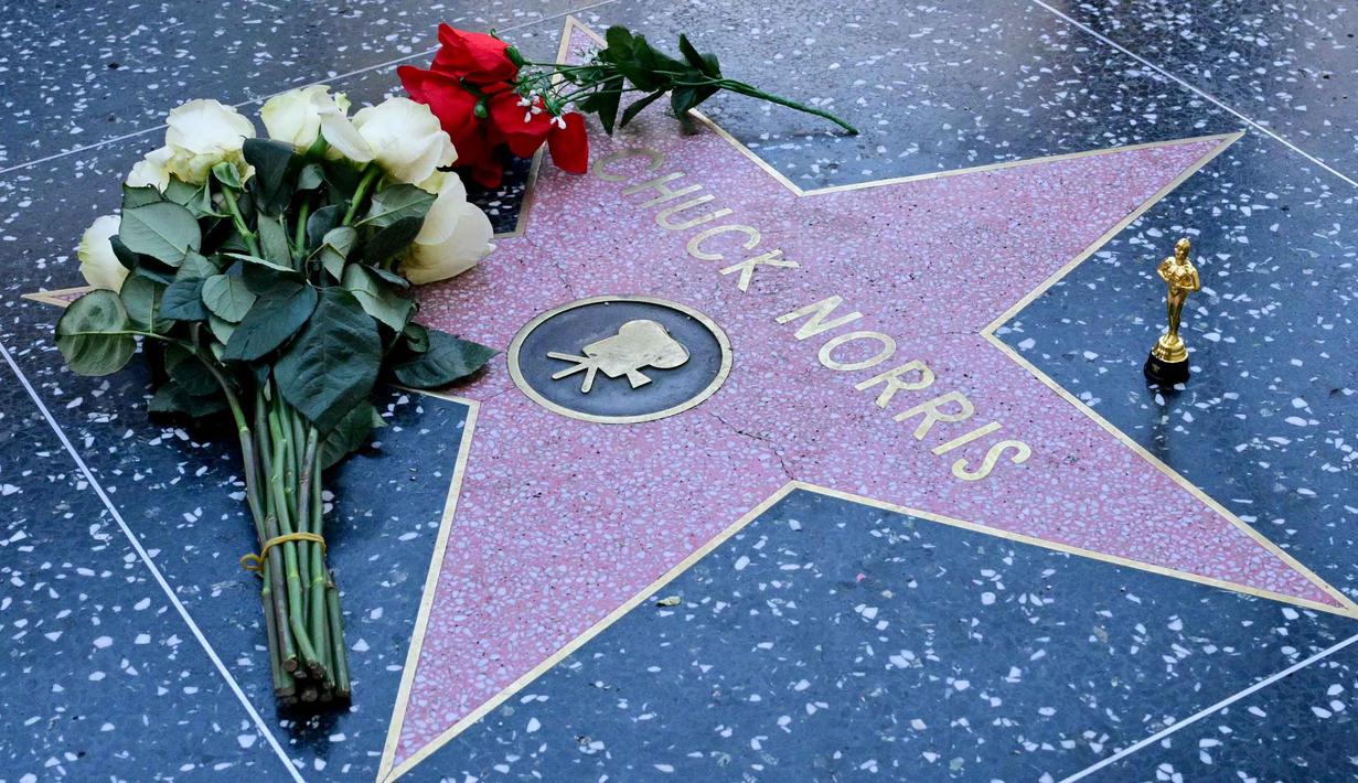 Kepergiannya meninggalkan duka mendalam bagi dunia perfilman dan para penggemar meme. Tampak dalam foto, bunga-bunga diletakkan di bintang Hollywood Walk of Fame Chuck Norris, yang dianugerahkan pada Desember 1989, menyusul berita kematiannya pada Jumat 20 Maret 2026, di Hollywood, California. (Frederic J. Brown/AFP)