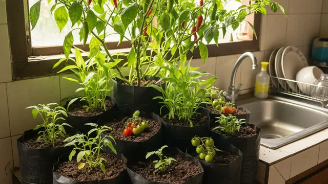 Ide Kebun Rumahan Tanaman Cabai Campur Sayur Dapur. AI